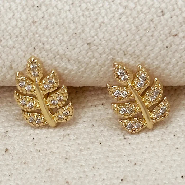 18k Gold Filled Cz Leaf Stud Earrings