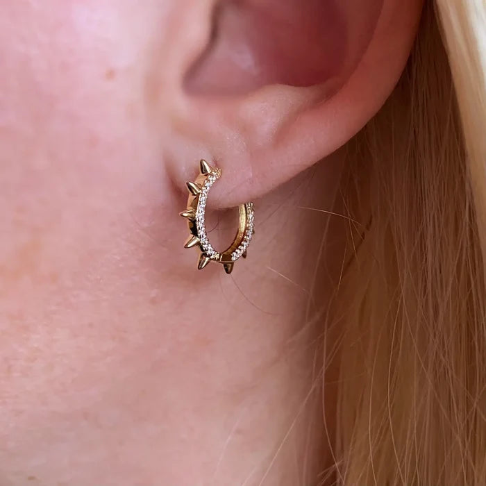 18k Gold Filled Spike Hoop Earrings with Cubic Zirconia Detail