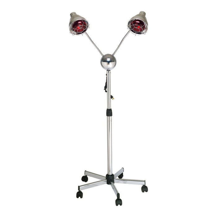 The Pibbs 2 Headed Processing Lamp features dual heads and an adjustable wheeled stand.