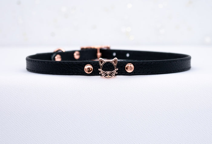 3/8" Kitten - Black Leather Collar in Rose Gold