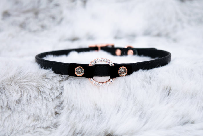 3/8" Preciosa Deluxe O-ring Black Leather and Velvet Collar in Rose Gold