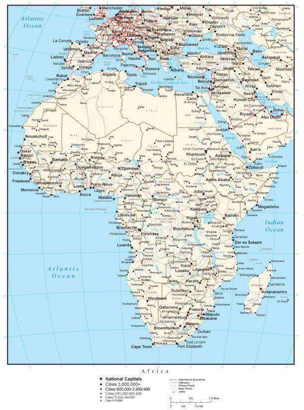 Africa Map with Country Boundaries, Capitals, Cities, Roads and Water Features