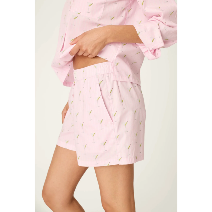 Afterparty Poplin Stripe & Martini Print Pajama Shorts inPink Pearl