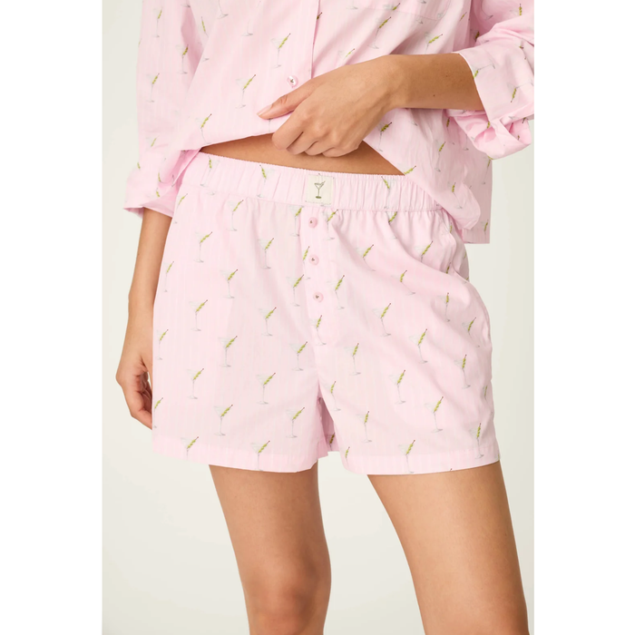 Afterparty Poplin Stripe & Martini Print Pajama Shorts inPink Pearl