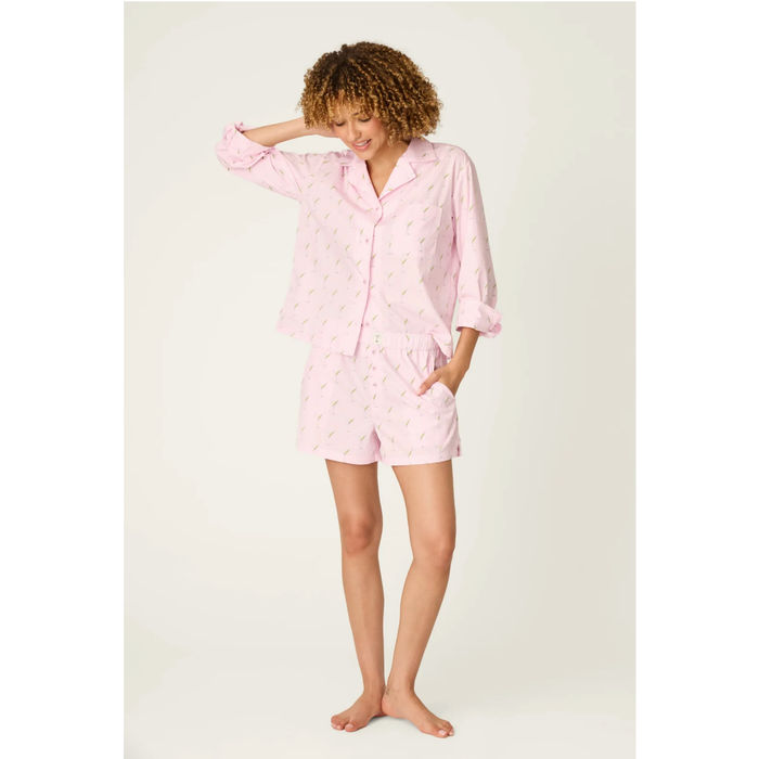 Afterparty Poplin Stripe & Martini Print Pajama Shorts inPink Pearl