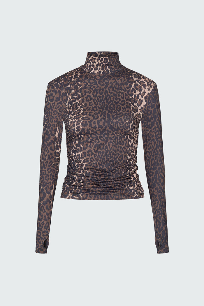 A long-sleeve mock neck rashguard in leopard