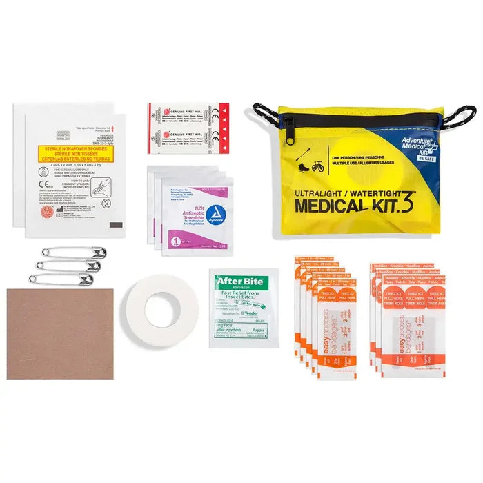 AMK Ultralight Medical Kit Watertight First Aid Kit 3 with bandages, antiseptic wipes, and safety pins in a yellow waterproof pouch for outdoor use. .3 from  John Bull Clothing