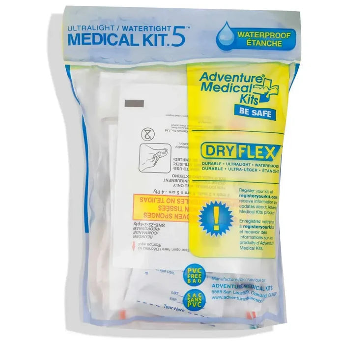 Close-up of AMK Ultralight Medical Kit Watertight First Aid Kit 5 sealed in a transparent DryFlex waterproof pouch, ideal for emergency preparedness.  from  John Bull Clothing