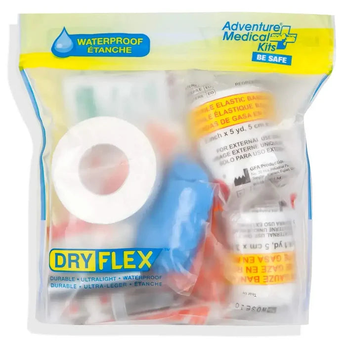 Detailed view of AMK Ultralight Medical Kit Watertight First Aid Kit 7 showing tightly packed medical essentials in a clear DryFlex waterproof bag.  from  John Bull Clothing