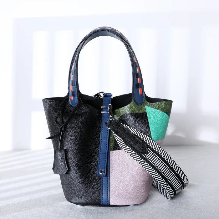 Aurelia Small Leather Bucket Bag / Brown & Blue
