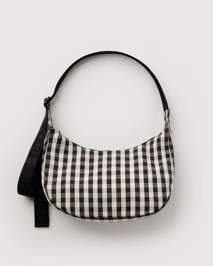 BAGGU - Medium Nylon Crescent Bag in Black and White Gingham