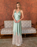 Front view of the mulberry silk nightgown featuring a lace hem and a natural, simple silhouette.