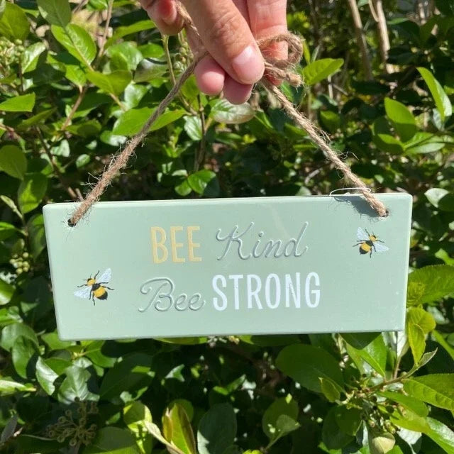 bee kind bee strong ceramic hanging sign with pale green finish and bee design