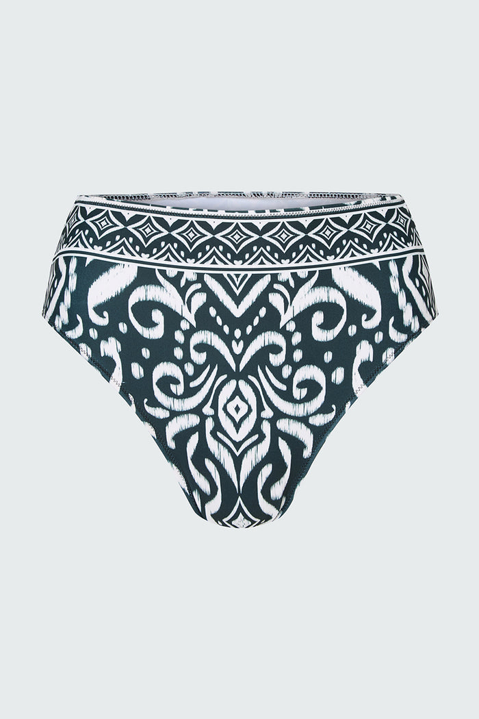 Watskin Belle bikini bottom in Black Ikat shown flat on a white background