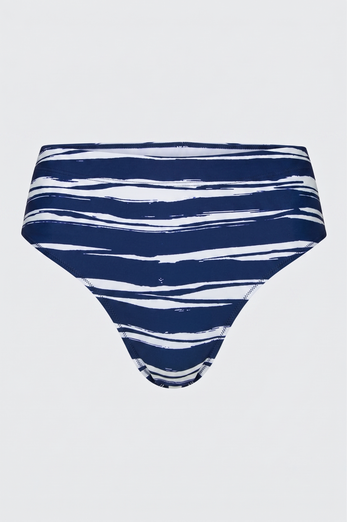 A pair of women's bikini bottoms featuring a navy blue and white abstract brushstroke stripe.