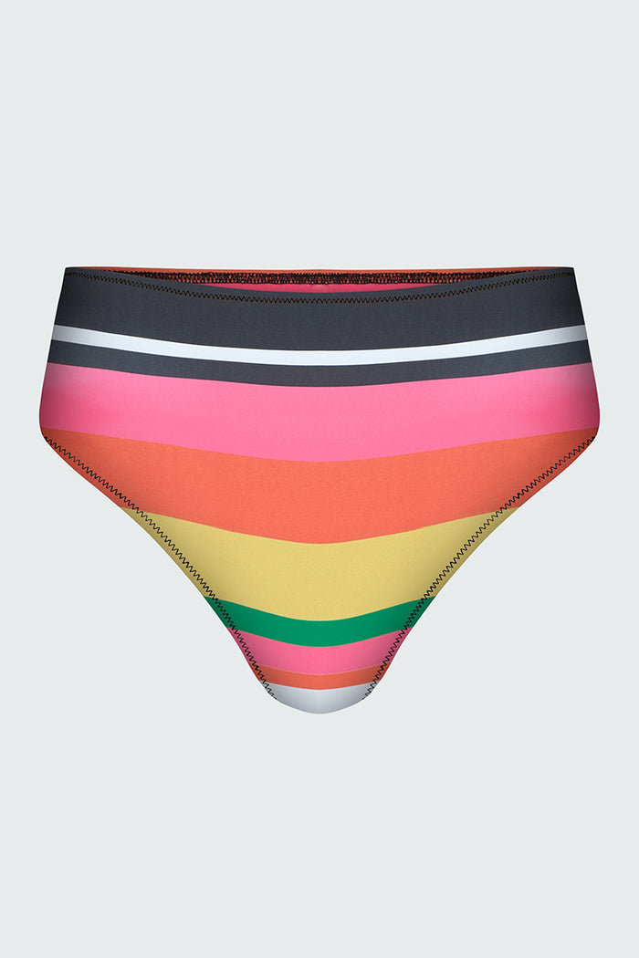 Brightly colored striped bikini bottom on a light gray background