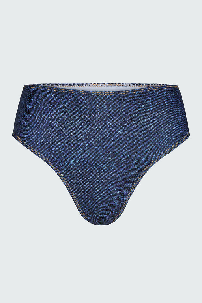 Belle mid rise bikini bottom in Blue Denim shown flat