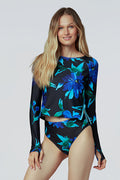 Model wearing Watskin Sasha Tee and Belle bikini in Midnight Floral