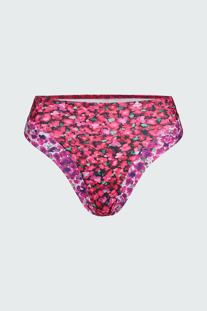 Belle bikini bottom in bright pink Mini Floral shown flat against a white background