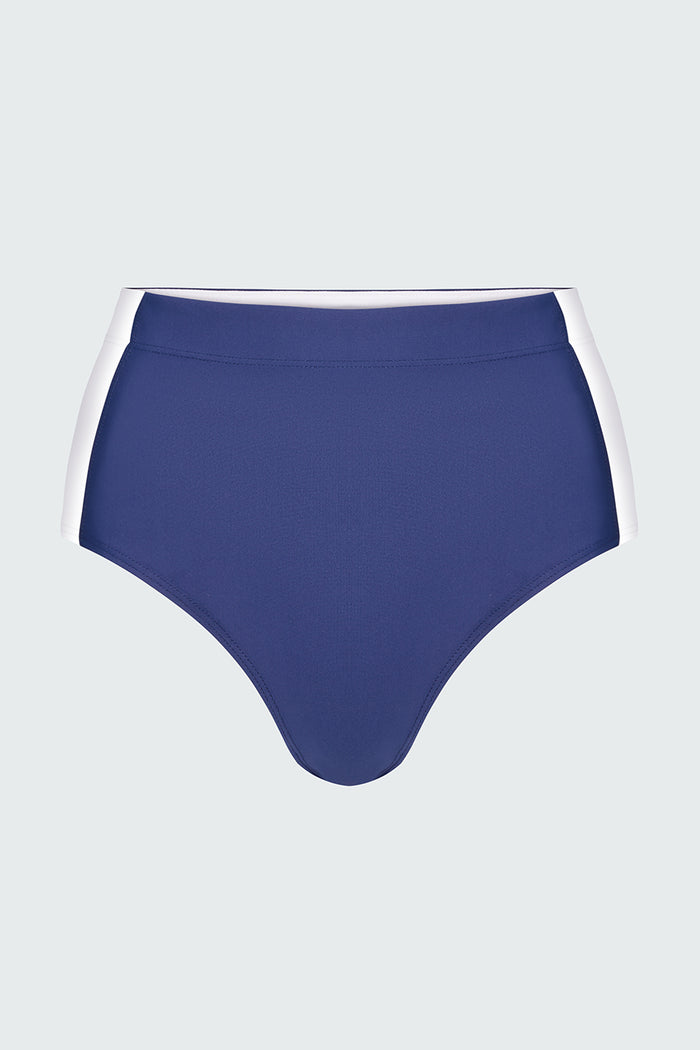 Blue and white colorblocked bikini bottom swimsuit on a light gray background
