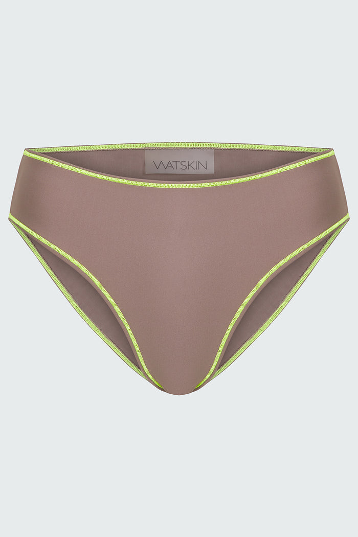 Watskin Belle bikini brief in Taupe with neon piping.