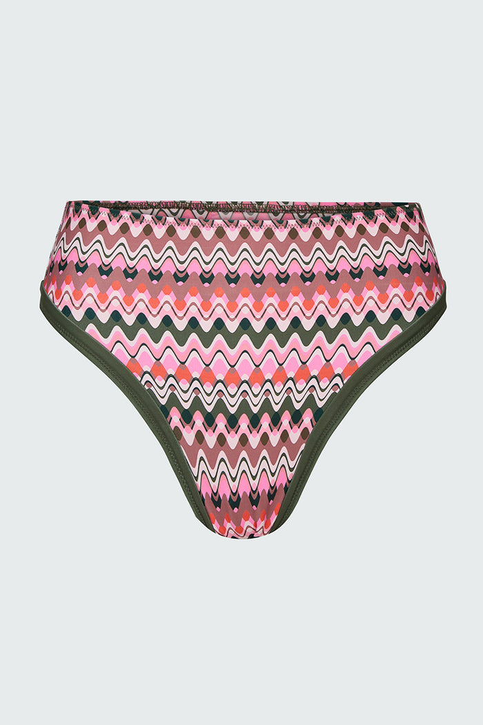 Product flat of a bikini bottom with green trim on a white background