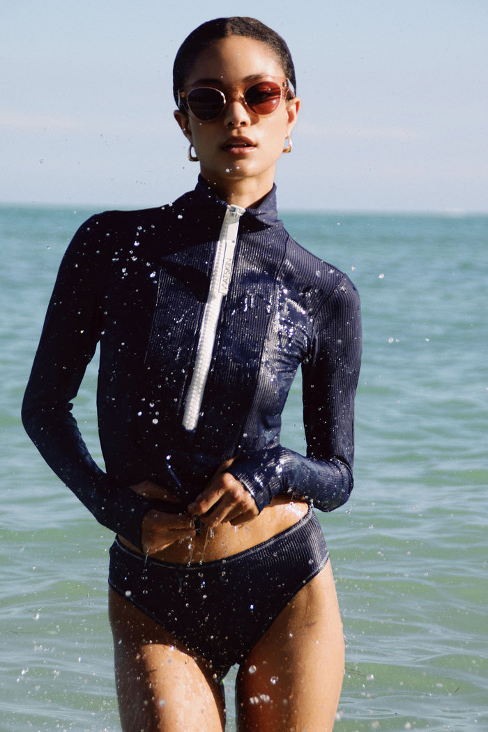 Belle Ribbed Bikini Bottom in Marine Navy