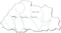 Bhutan Black & White Map with Capital, Major Cities, Roads, and Water Features