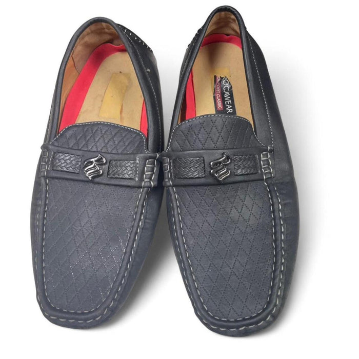 Black leather loafers with silver