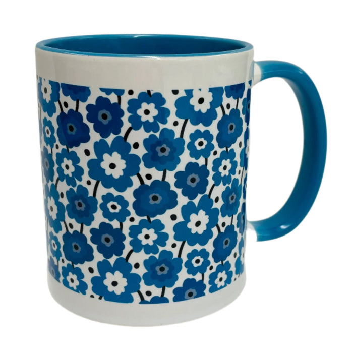 Blue flowers coffee mug with blue handle