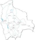 Bolivia Black & White Map with Capital, Major Cities, Roads, and Water Features