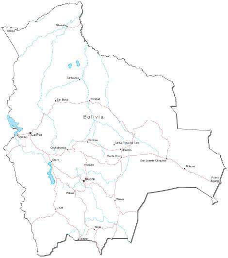 Bolivia Black & White Map with Capital, Major Cities, Roads, and Water Features