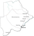 Botswana Black & White Map with Capital, Major Cities, Roads, and Water Features
