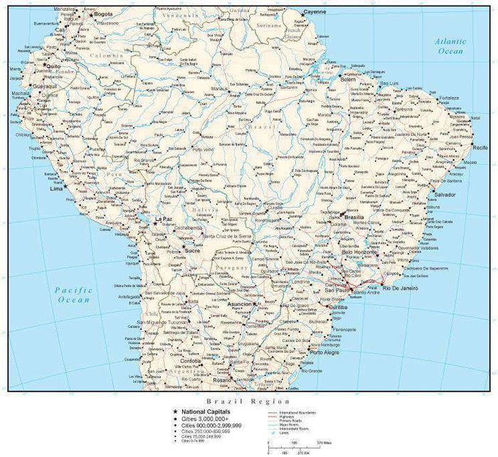 Brazil Region Map with Country Boundaries, Capitals, Cities, Roads and Water Features