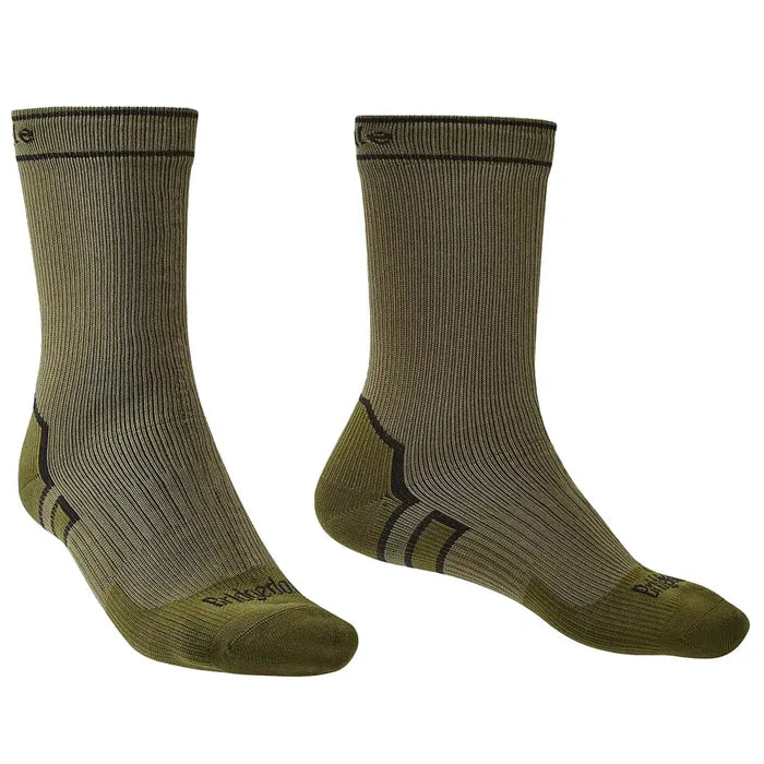 Bridgedale Storm Waterproof Socks Midweight in green and black, crew length with ribbed texture for outdoor performance and waterproof protection. Khaki from  John Bull Clothing