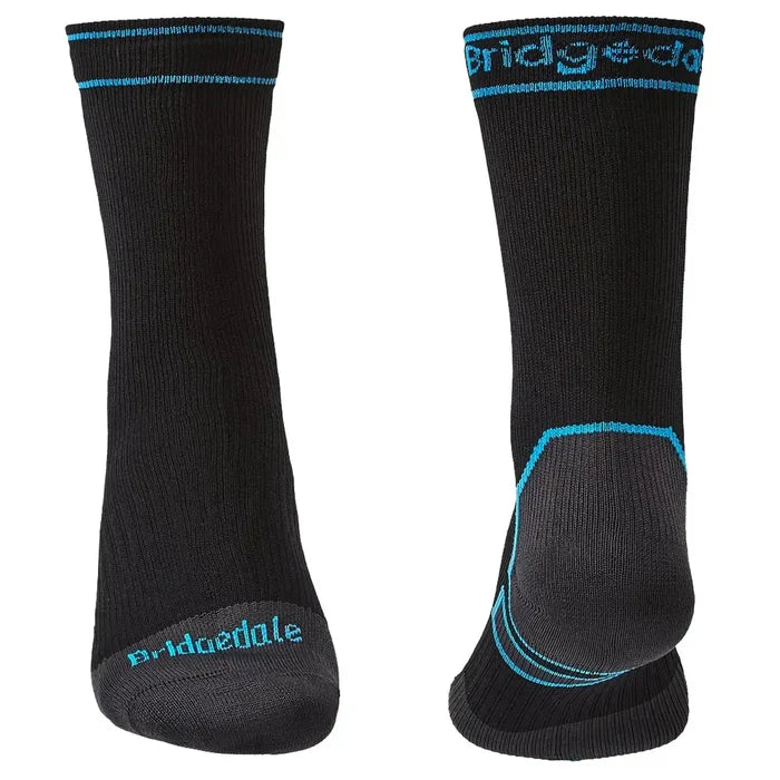 Rear and front view of Bridgedale Storm Waterproof Socks Midweight in black and blue, showcasing reinforced heel and toe for durability.  from  John Bull Clothing