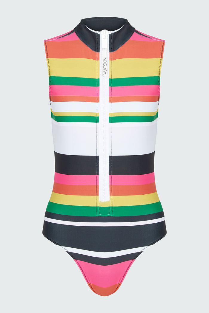 Brightly colored striped sleeveless swimsuit with an oversized white zipper on a light gray background