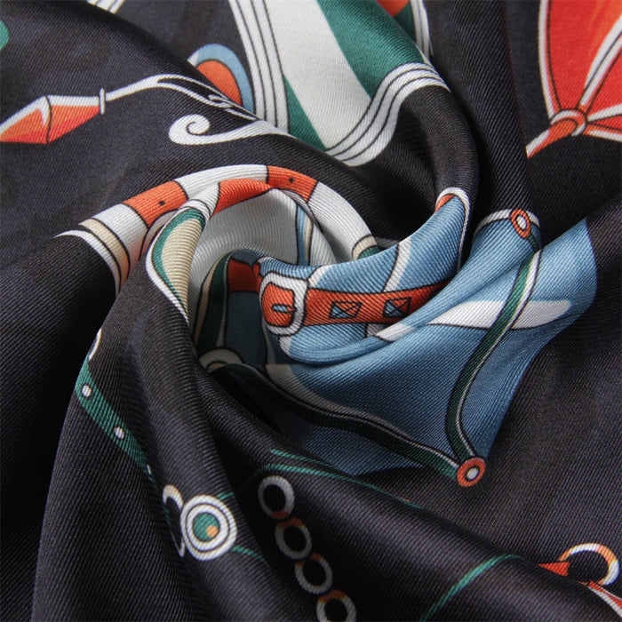 Carriage Wheel Black Silk Scarf / 90cm