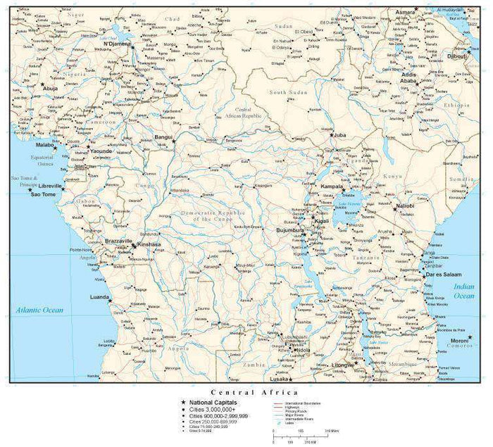 Central Africa Map with Country Boundaries, Capitals, Cities, Roads and Water Features