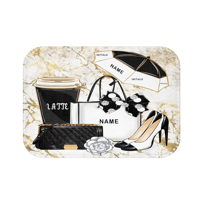 Chic Accessories Bath Mat — Customizable Name, Black & Gold Fashion Design