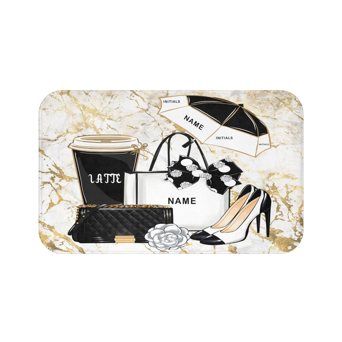 Chic Accessories Bath Mat — Customizable Name, Black & Gold Fashion Design