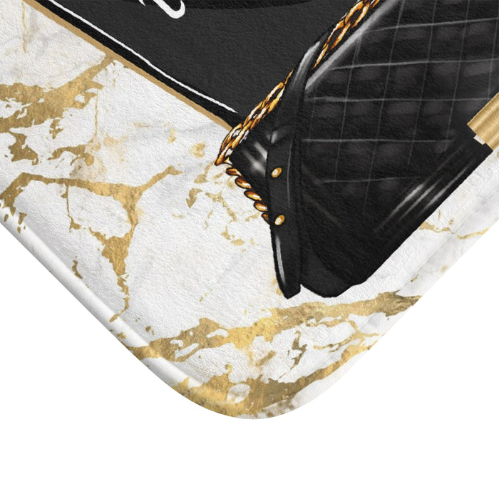Chic Accessories Bath Mat — Customizable Name, Black & Gold Fashion Design