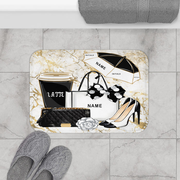 Chic Accessories Bath Mat — Customizable Name, Black & Gold Fashion Design