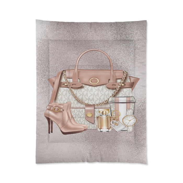 Chic Blush Fashion Accessories Comforter — Designer Handbag & Heels Bedding