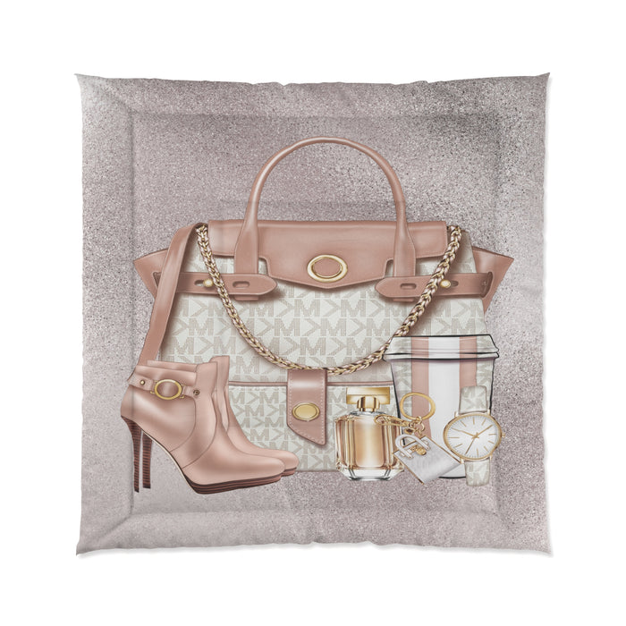 Chic Blush Fashion Accessories Comforter — Designer Handbag & Heels Bedding