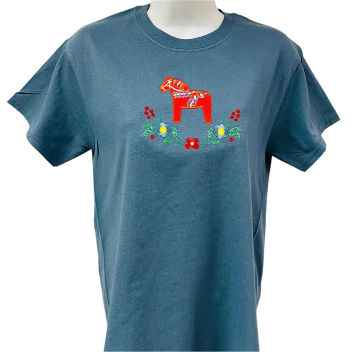 Dala Horse & Flowers on Indigo T-shirt