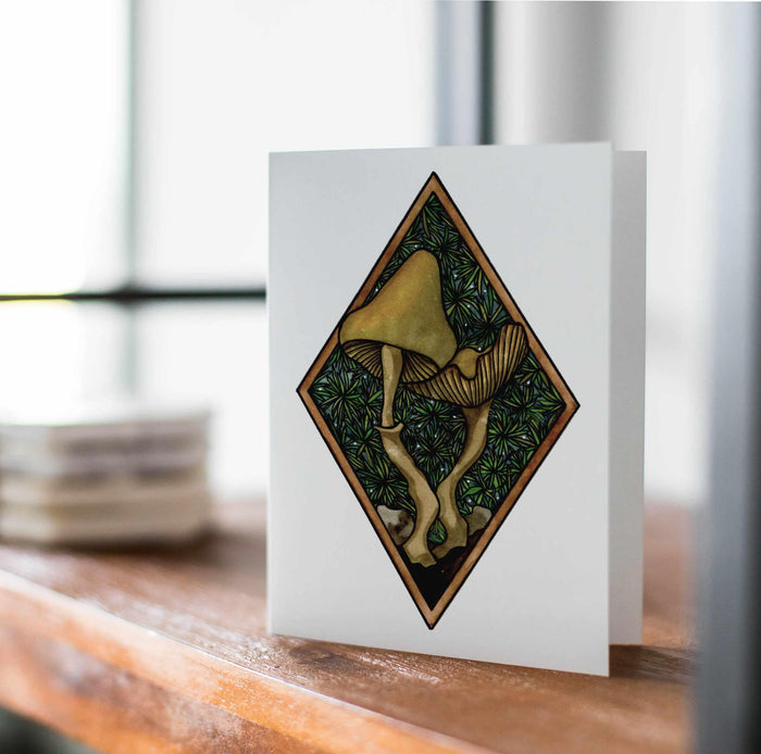 PinkPolish Design Note Cards "Dancing Mushrooms" Handmade Notecard