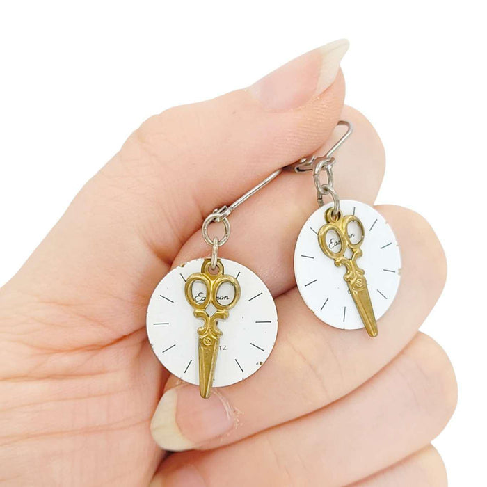 Earrings - Watch Dials - Brass Scissors by Christine Stoll | Altered Relics