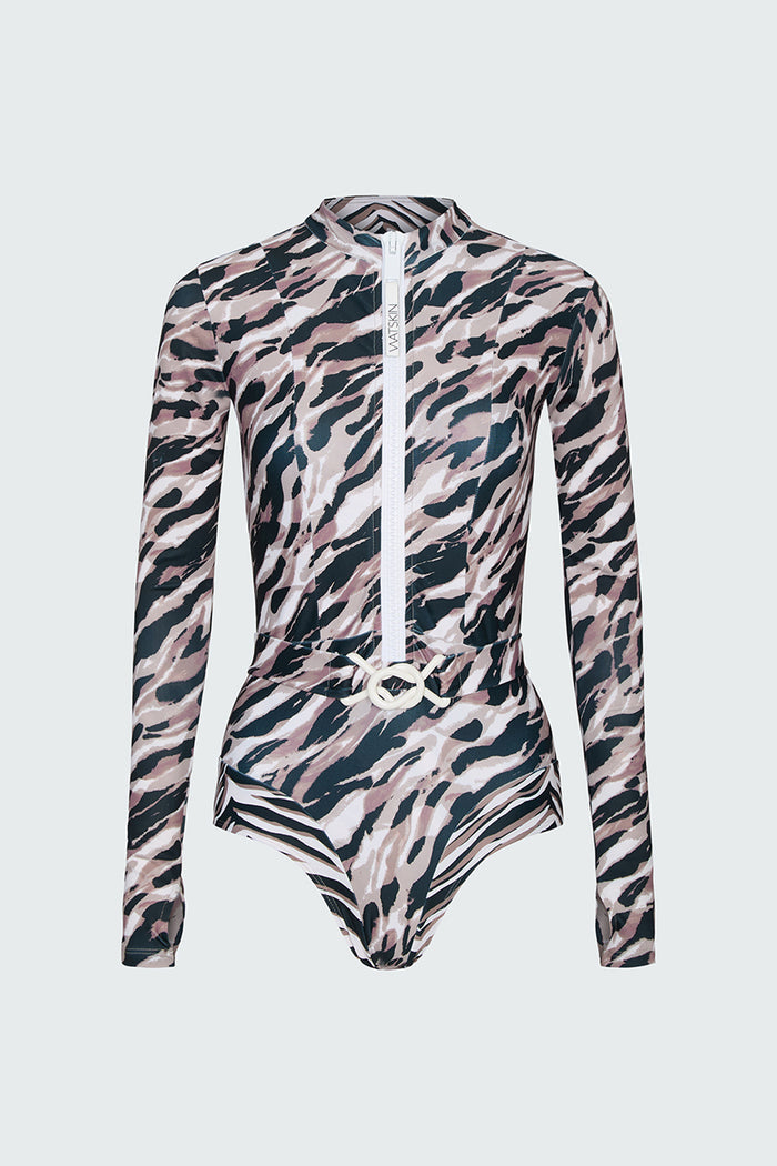 Watskin Ella long sleeved belted bodysuit in Animal Mix against a plain background