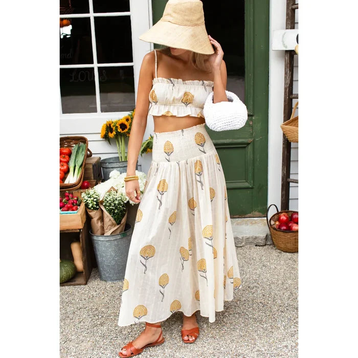 Emerson Fry Smocked Fan Flowers Maxi Skirt in Marigold - Romantiques